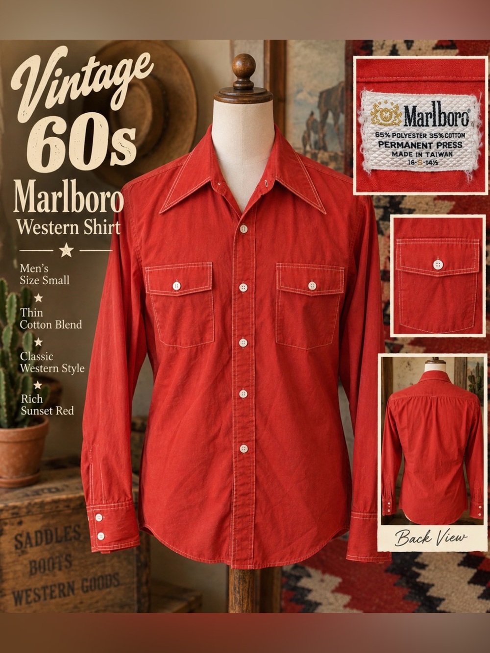 Vintage 60s - Marlboro -Men's Bright Orange-Red Button Down Western Shirt